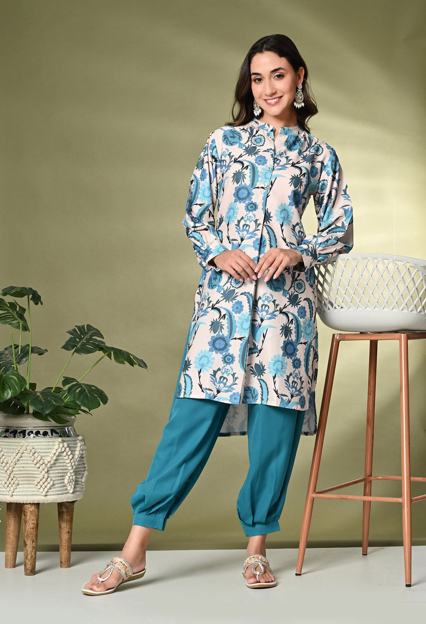 Off White & Blue Floral Printed A-Line Kurta With Salwar