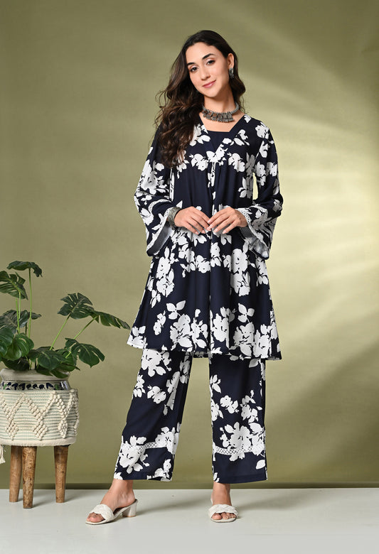 Black Floral Printed A-Line Kurta With Trousers