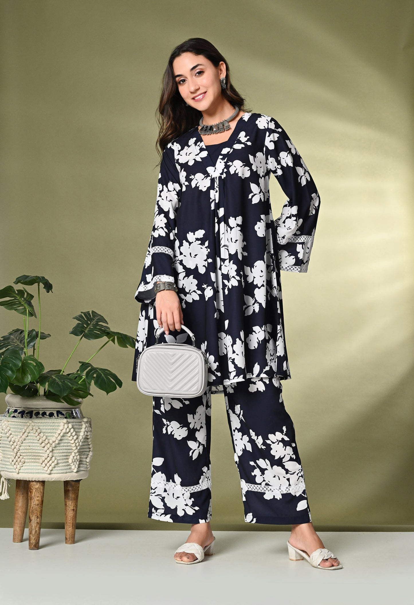 Black Floral Printed A-Line Kurta With Trousers