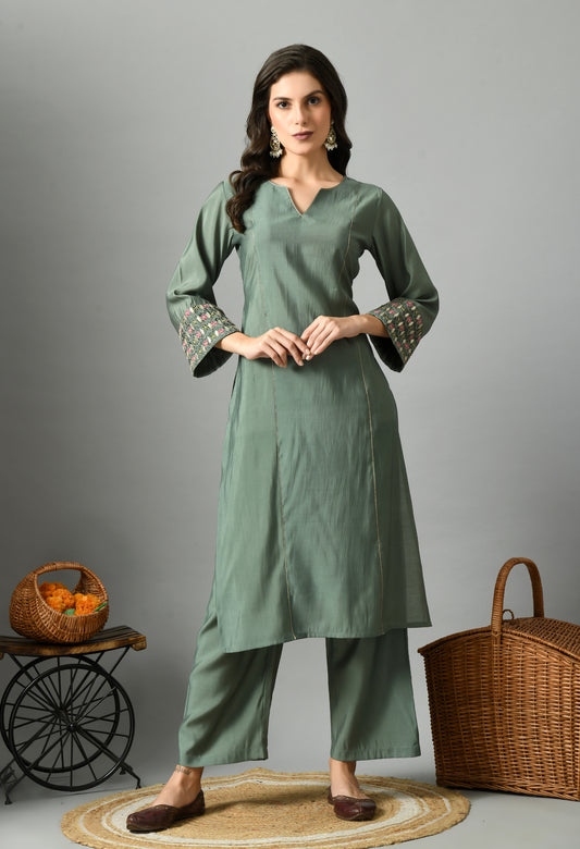 Teal Green Embroidered Notch Neck Pure Cotton Straight Kurta With Palazzos