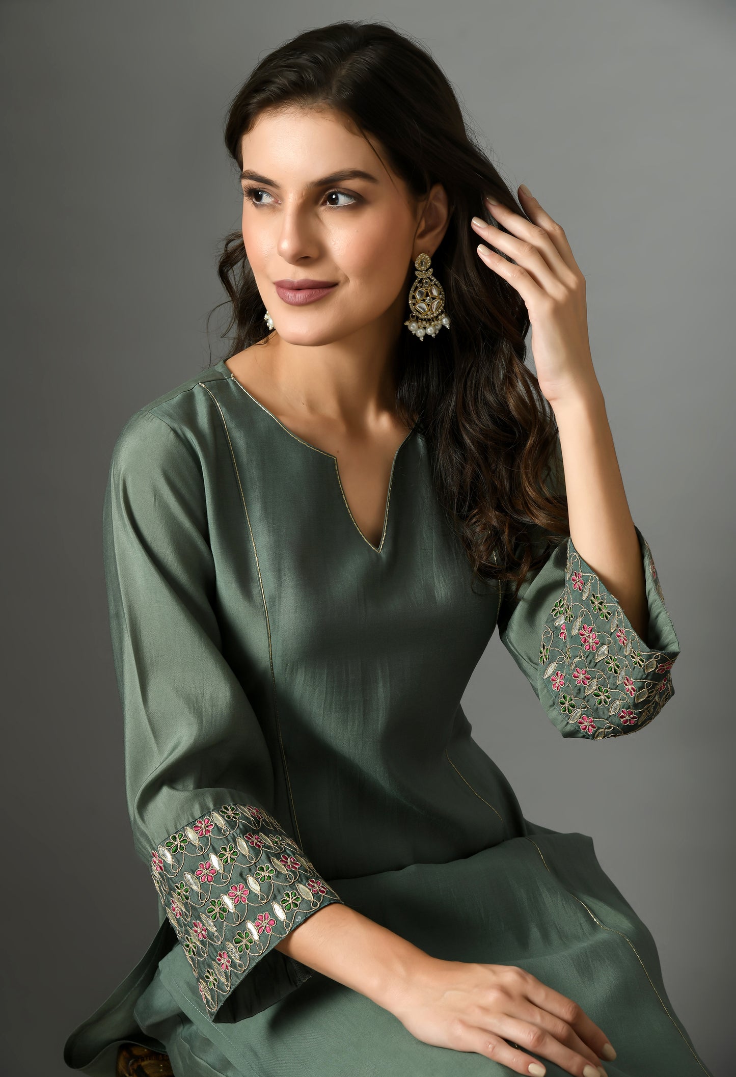 Teal Green Embroidered Notch Neck Pure Cotton Straight Kurta With Palazzos