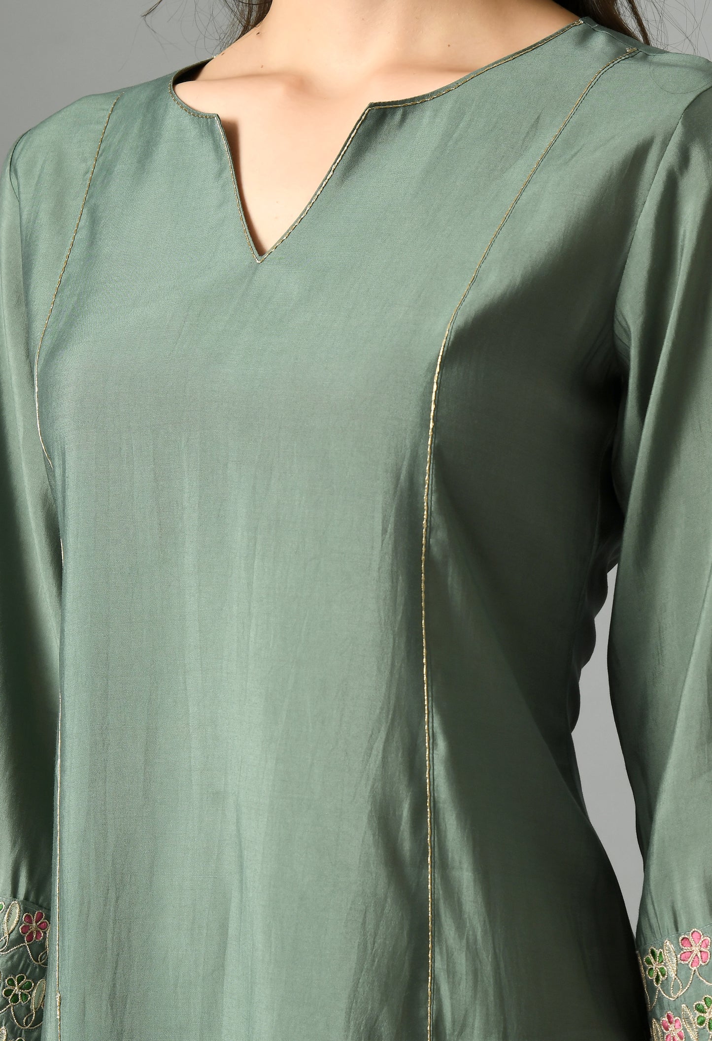 Teal Green Embroidered Notch Neck Pure Cotton Straight Kurta With Palazzos