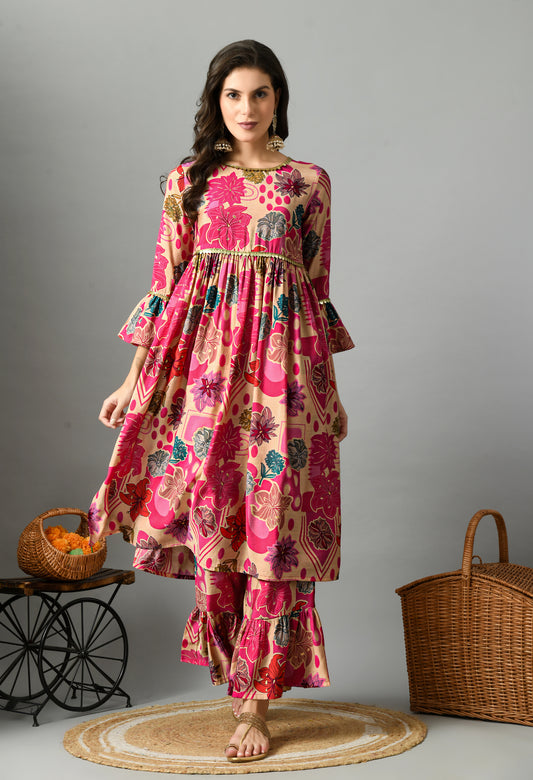 Pink & Beige Floral Printed Bell Sleeves Anarkali Kurta With Palazzos