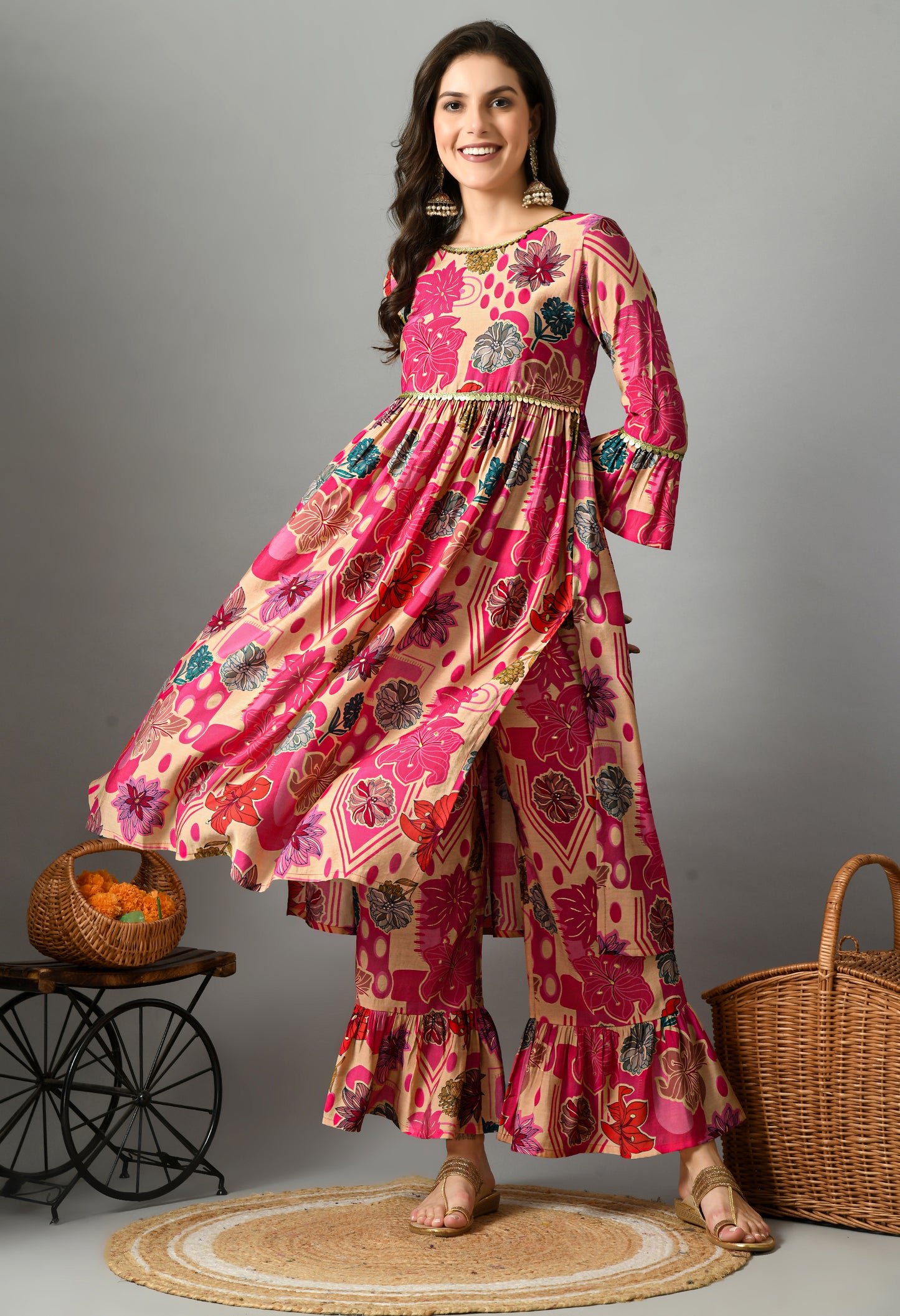 Pink & Beige Floral Printed Bell Sleeves Anarkali Kurta With Palazzos