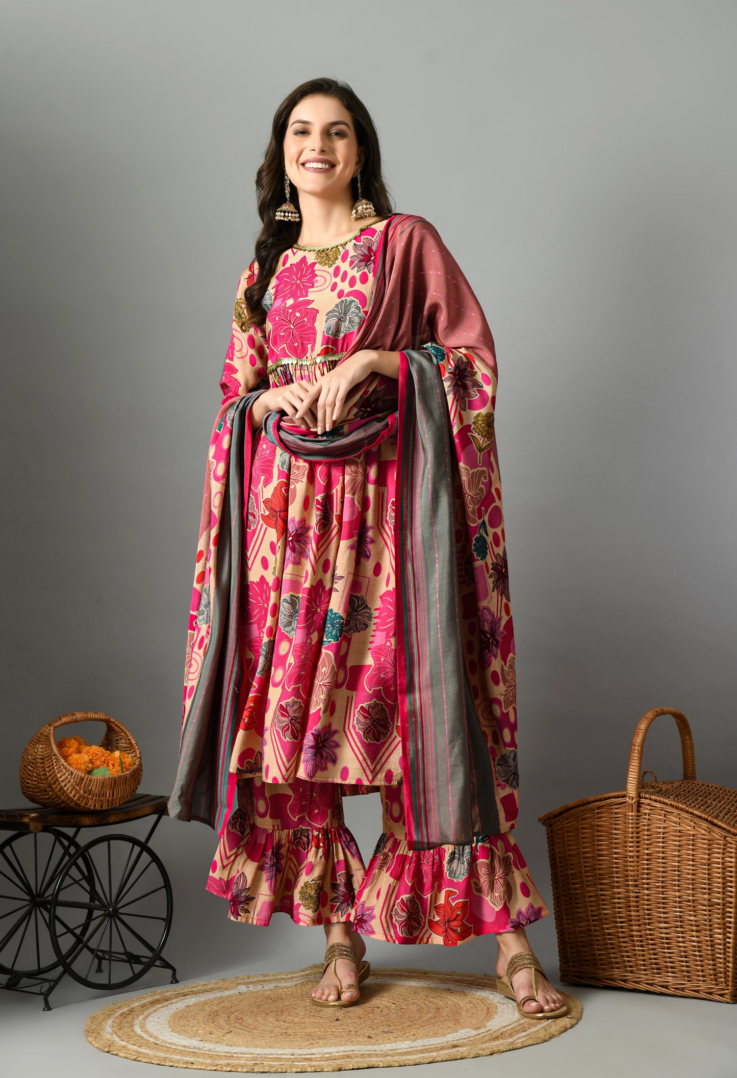 Pink & Beige Floral Printed Bell Sleeves Anarkali Kurta With Palazzos