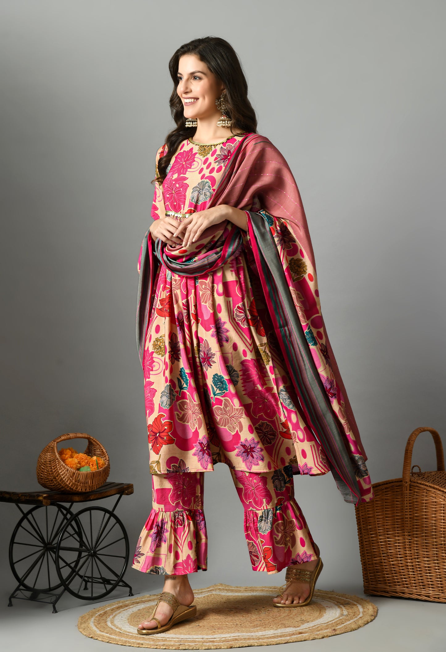 Pink & Beige Floral Printed Bell Sleeves Anarkali Kurta With Palazzos