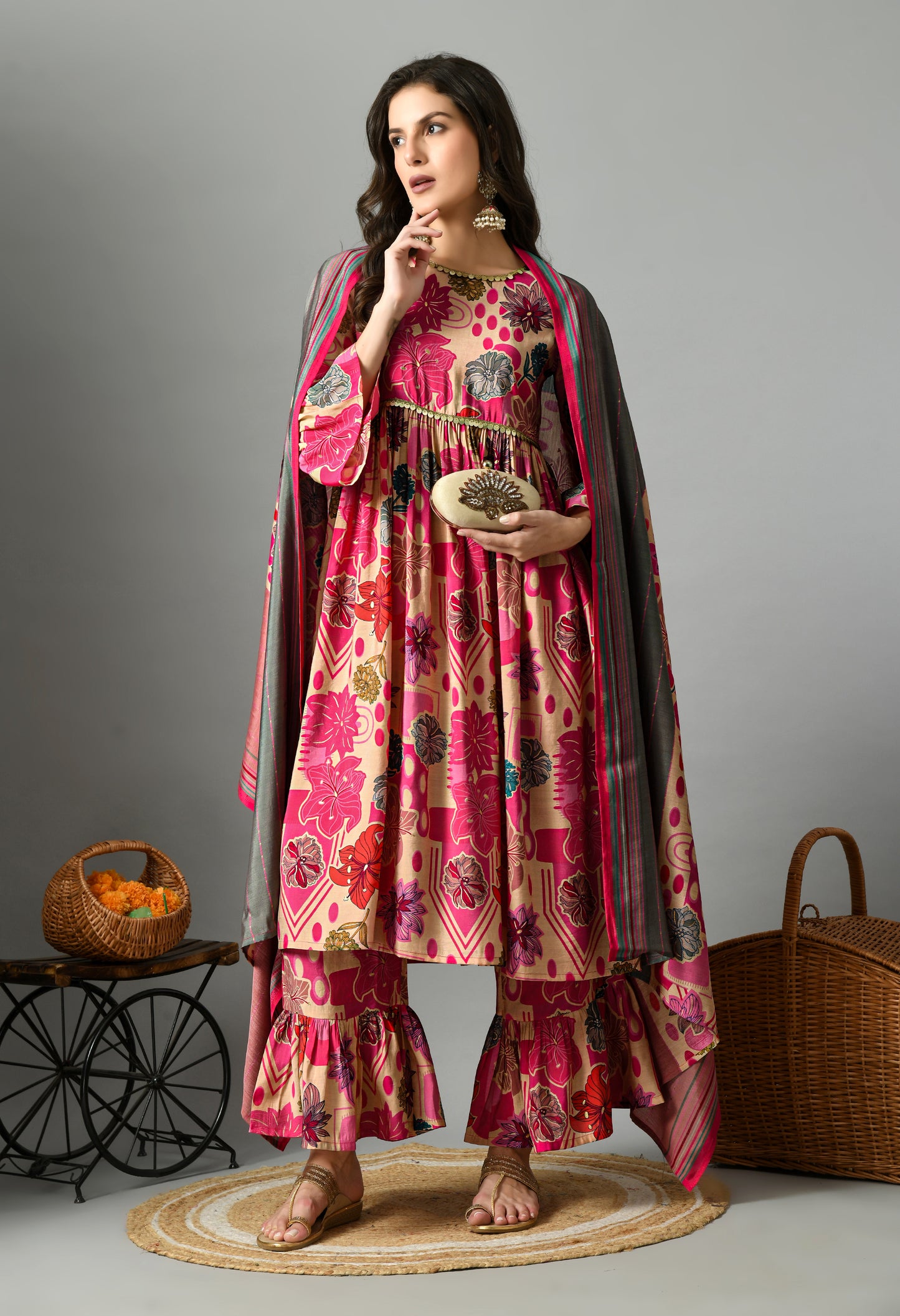 Pink & Beige Floral Printed Bell Sleeves Anarkali Kurta With Palazzos