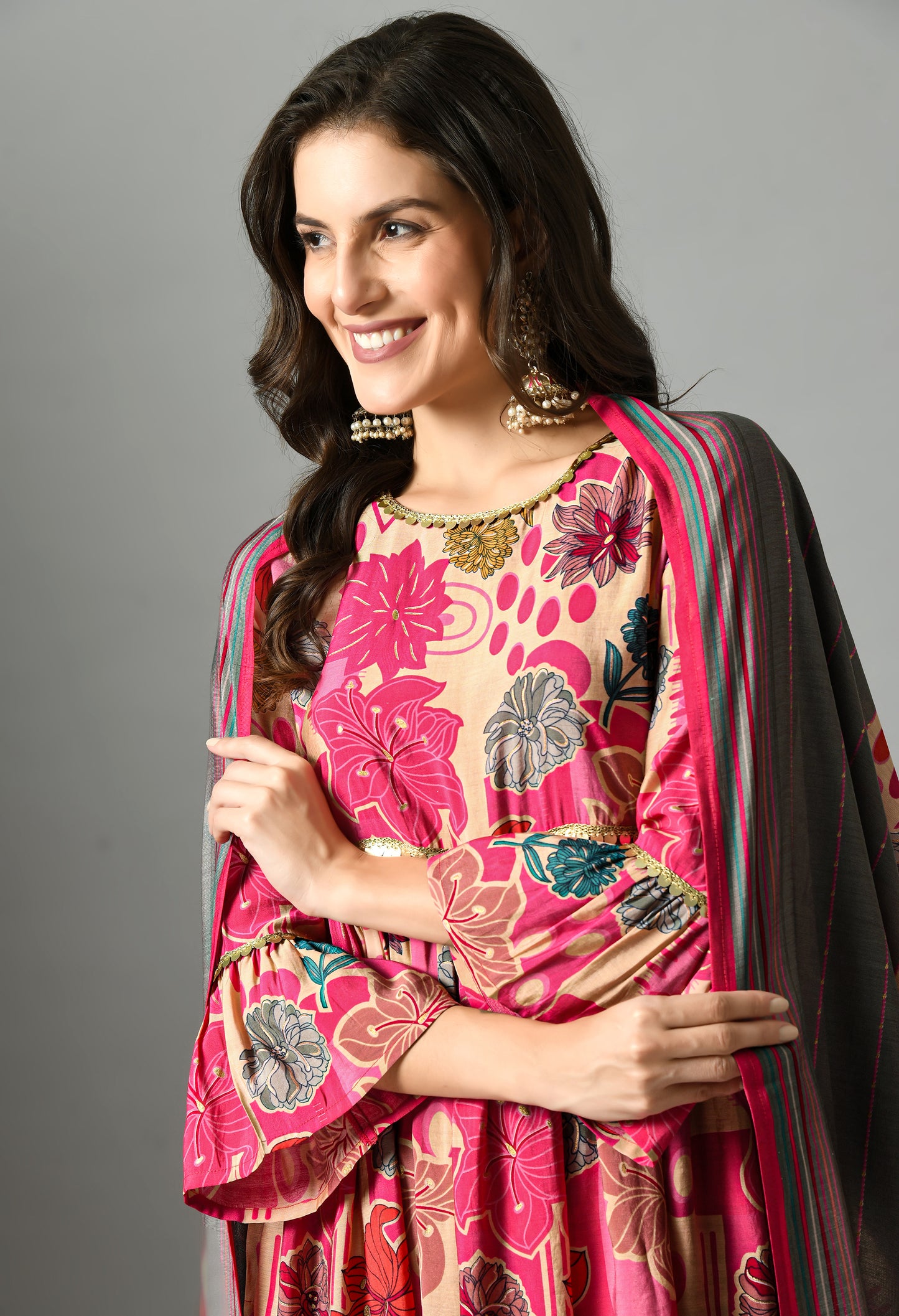 Pink & Beige Floral Printed Bell Sleeves Anarkali Kurta With Palazzos