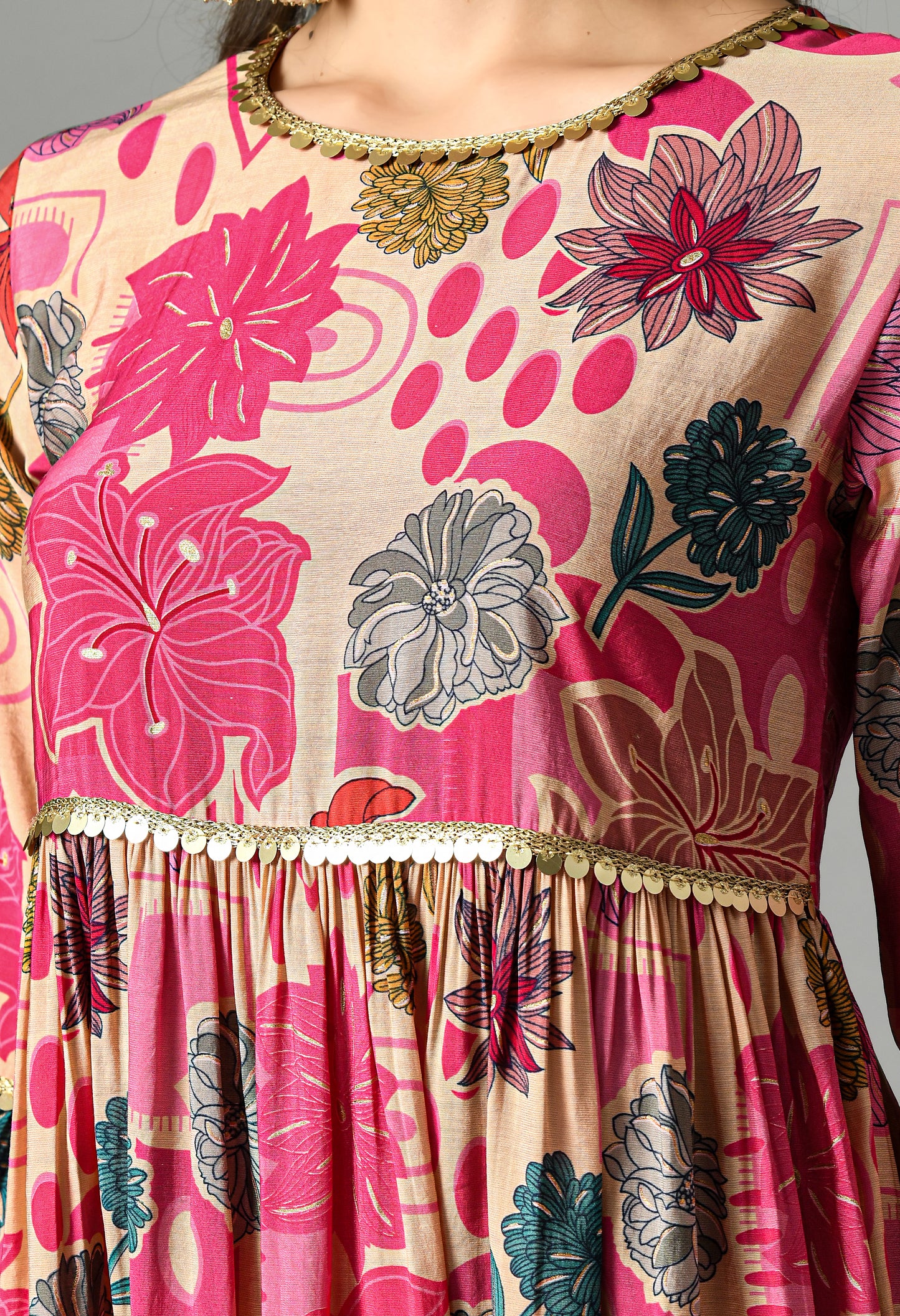 Pink & Beige Floral Printed Bell Sleeves Anarkali Kurta With Palazzos
