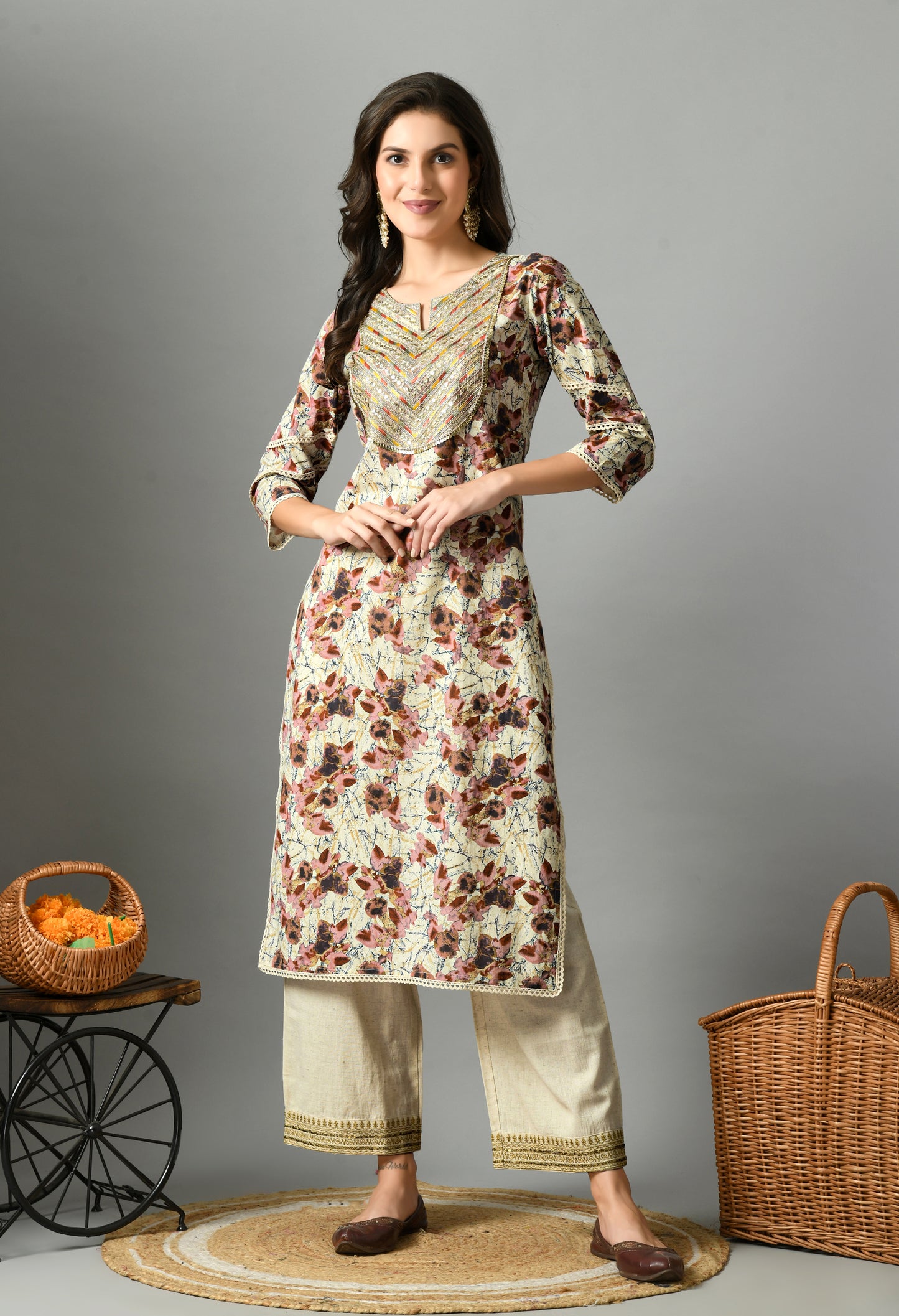 White & Maroon Floral Printed Notch Neck Pure Cotton Straight Kurta With Palazzos