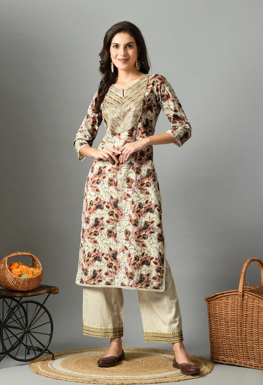 White & Maroon Floral Printed Notch Neck Pure Cotton Straight Kurta With Palazzos