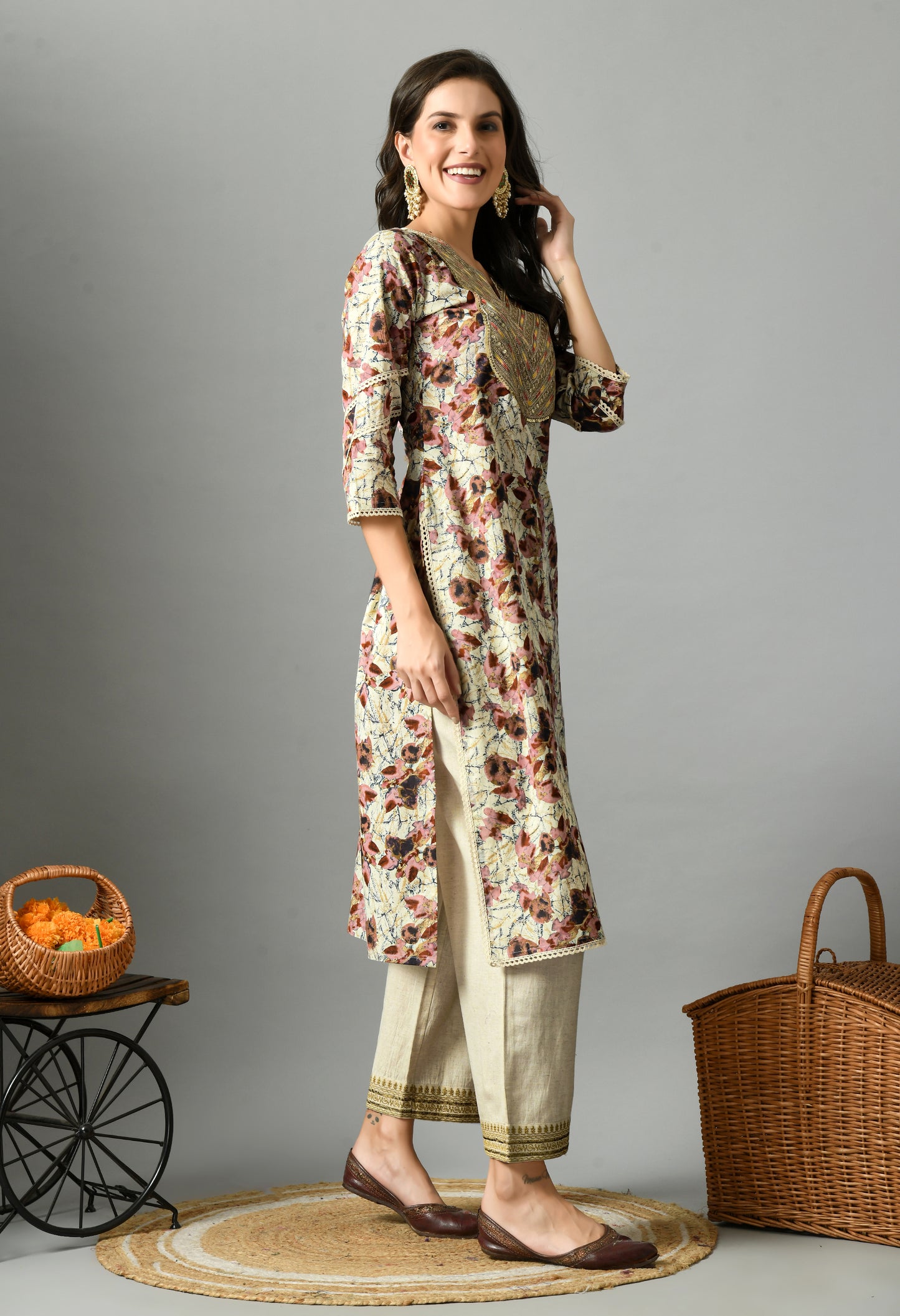White & Maroon Floral Printed Notch Neck Pure Cotton Straight Kurta With Palazzos