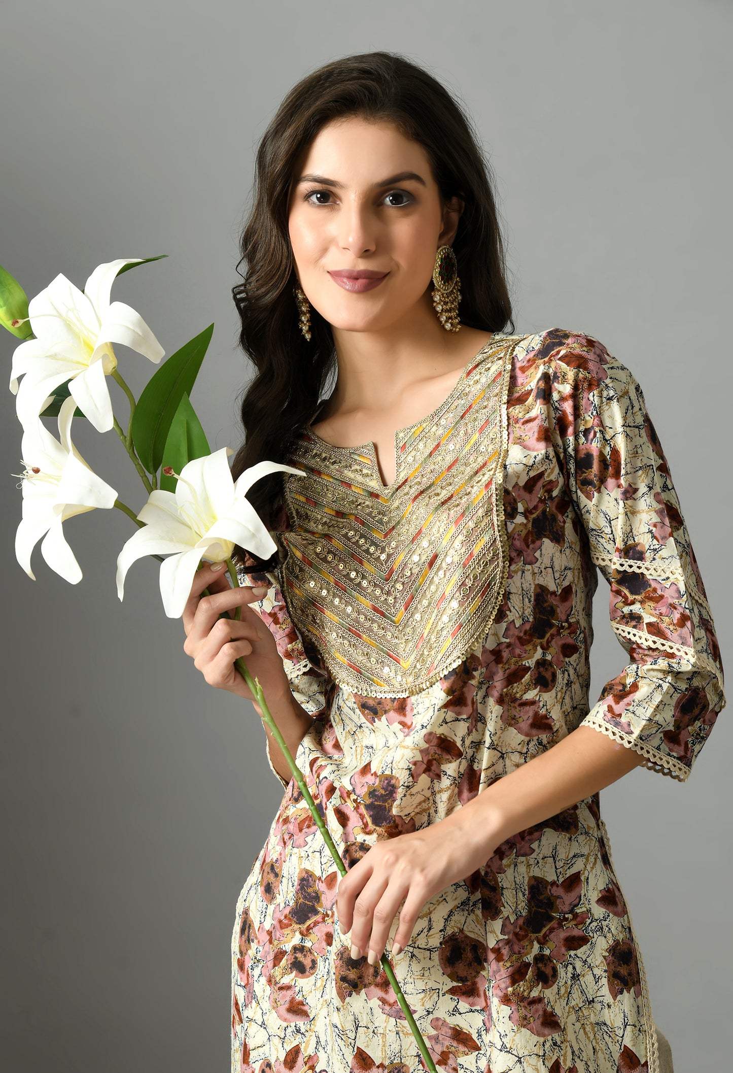 White & Maroon Floral Printed Notch Neck Pure Cotton Straight Kurta With Palazzos