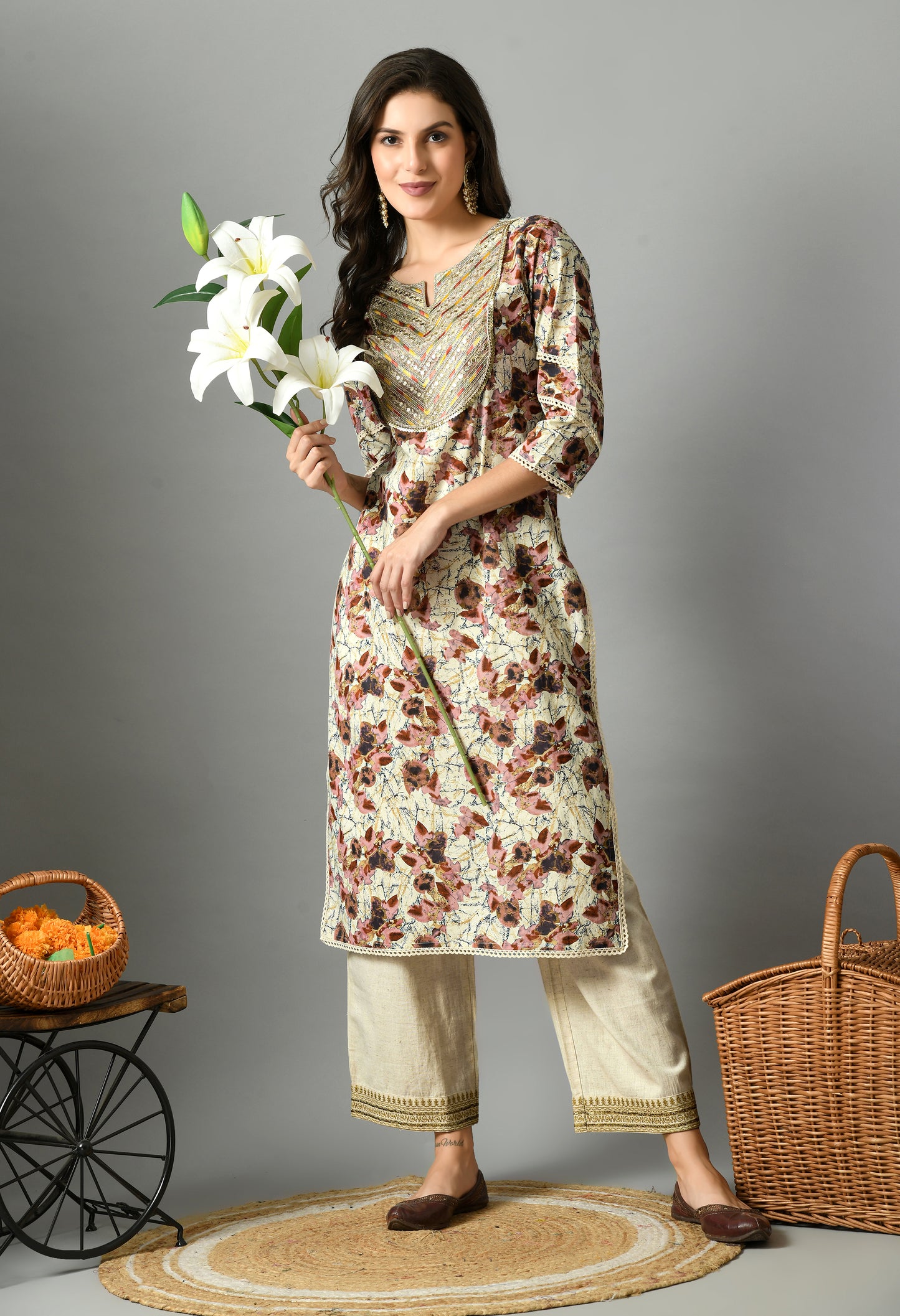 White & Maroon Floral Printed Notch Neck Pure Cotton Straight Kurta With Palazzos