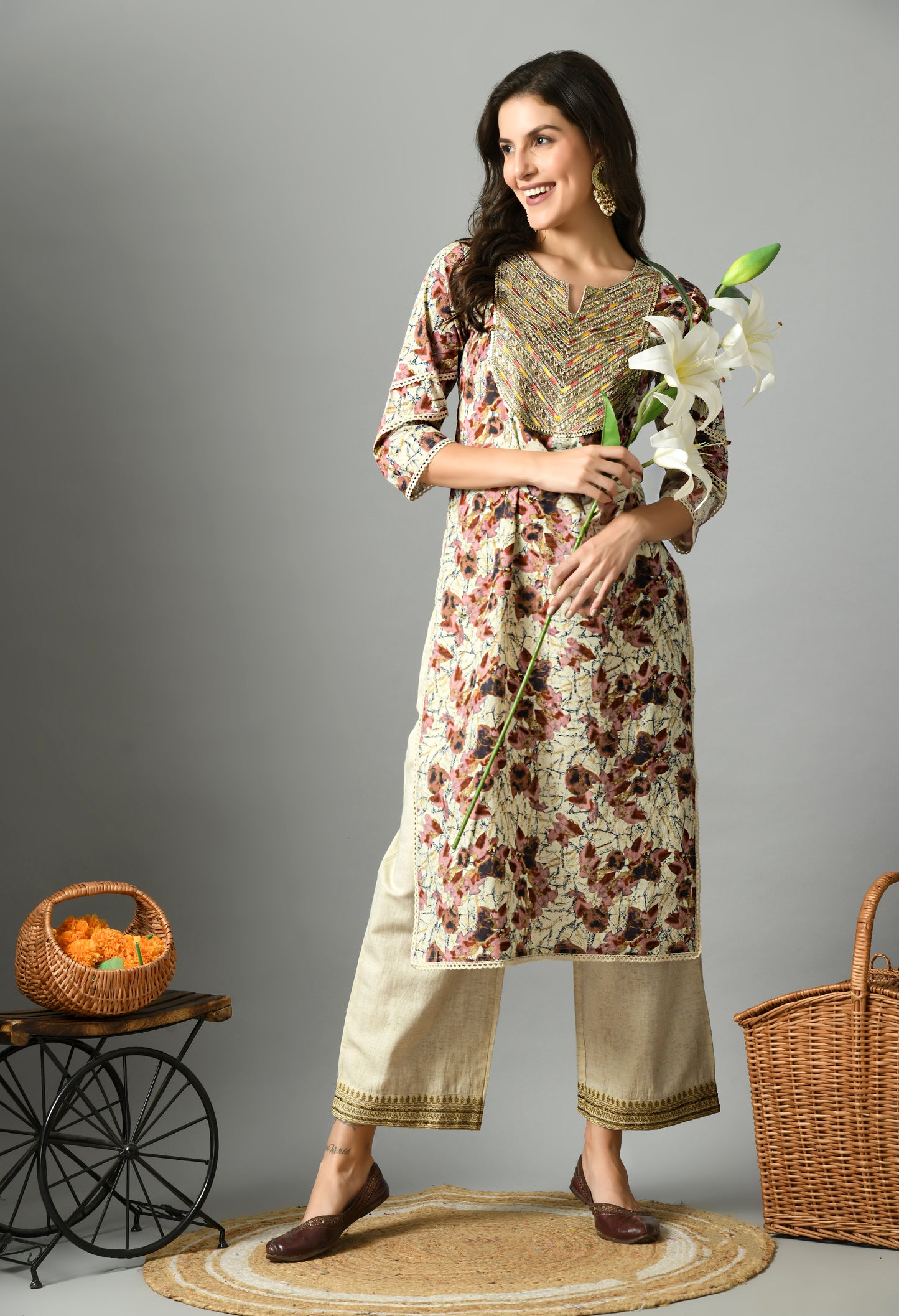 White & Maroon Floral Printed Notch Neck Pure Cotton Straight Kurta With Palazzos