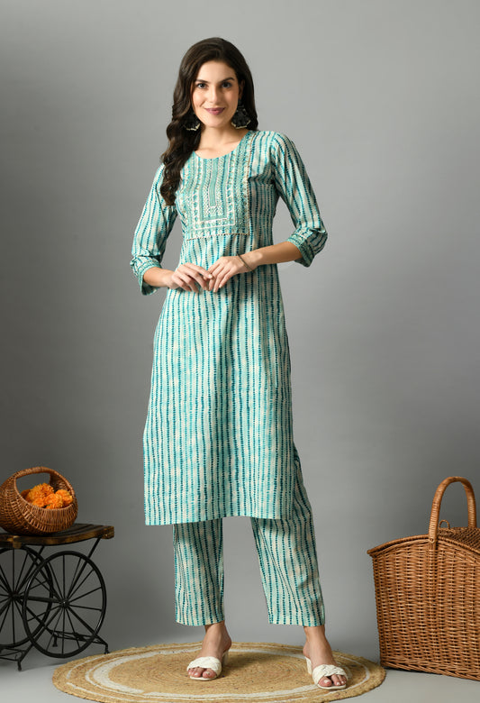 Green Striped Embroidered Sequined Yoke Design Straight Cotton Kurta With Palazzos