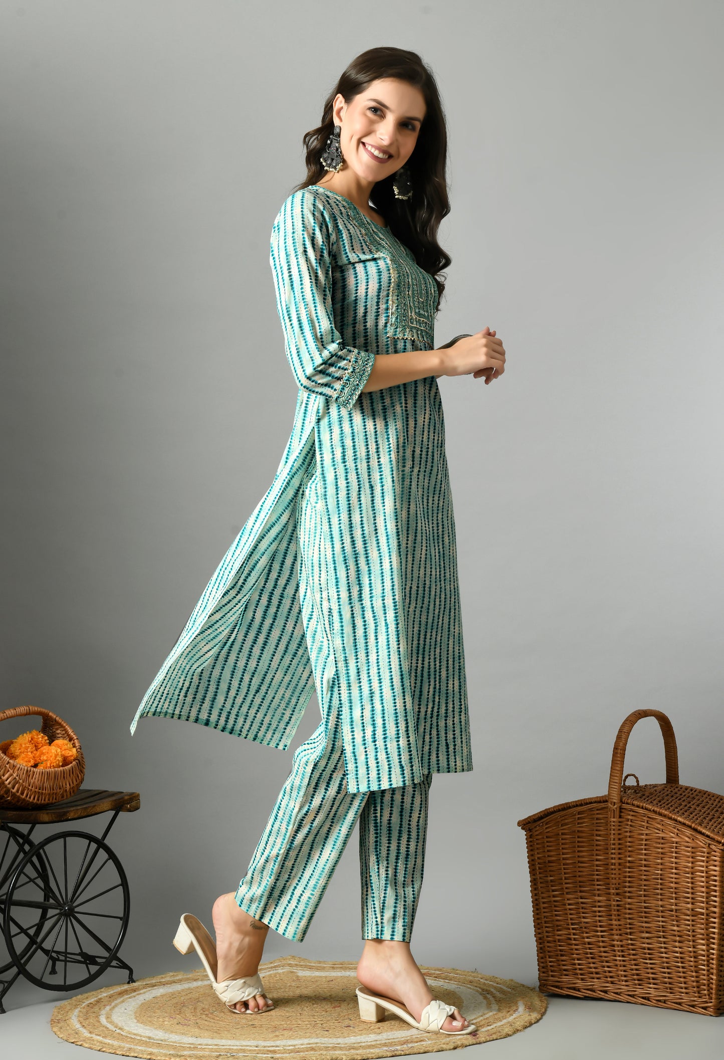 Green Striped Embroidered Sequined Yoke Design Straight Cotton Kurta With Palazzos