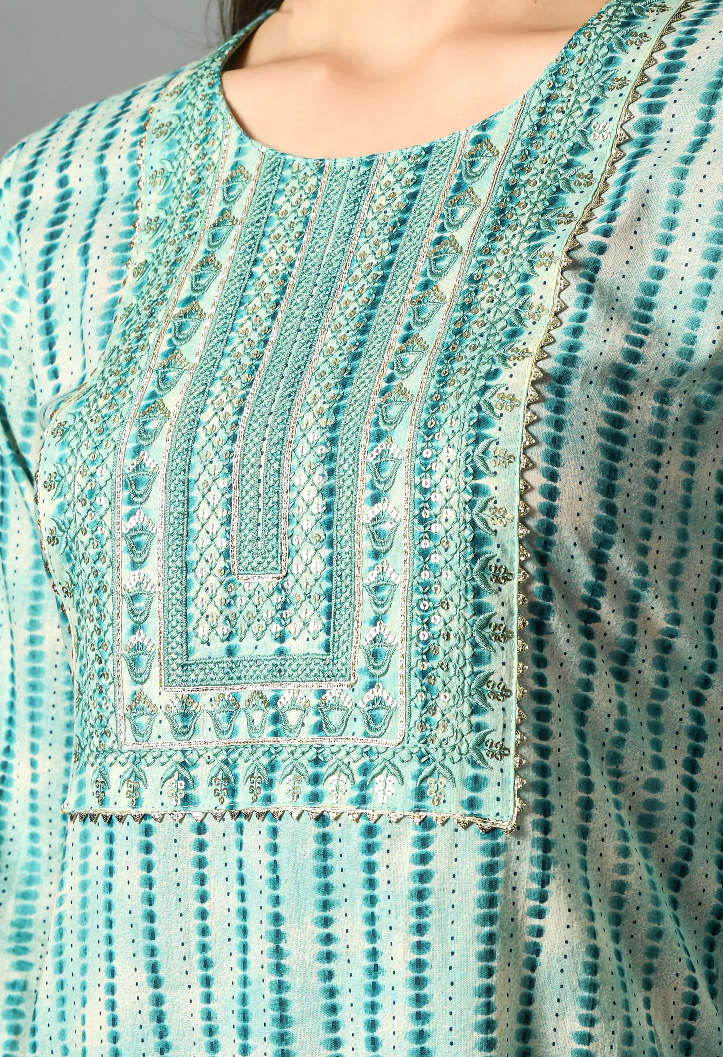 Green Striped Embroidered Sequined Yoke Design Straight Cotton Kurta With Palazzos