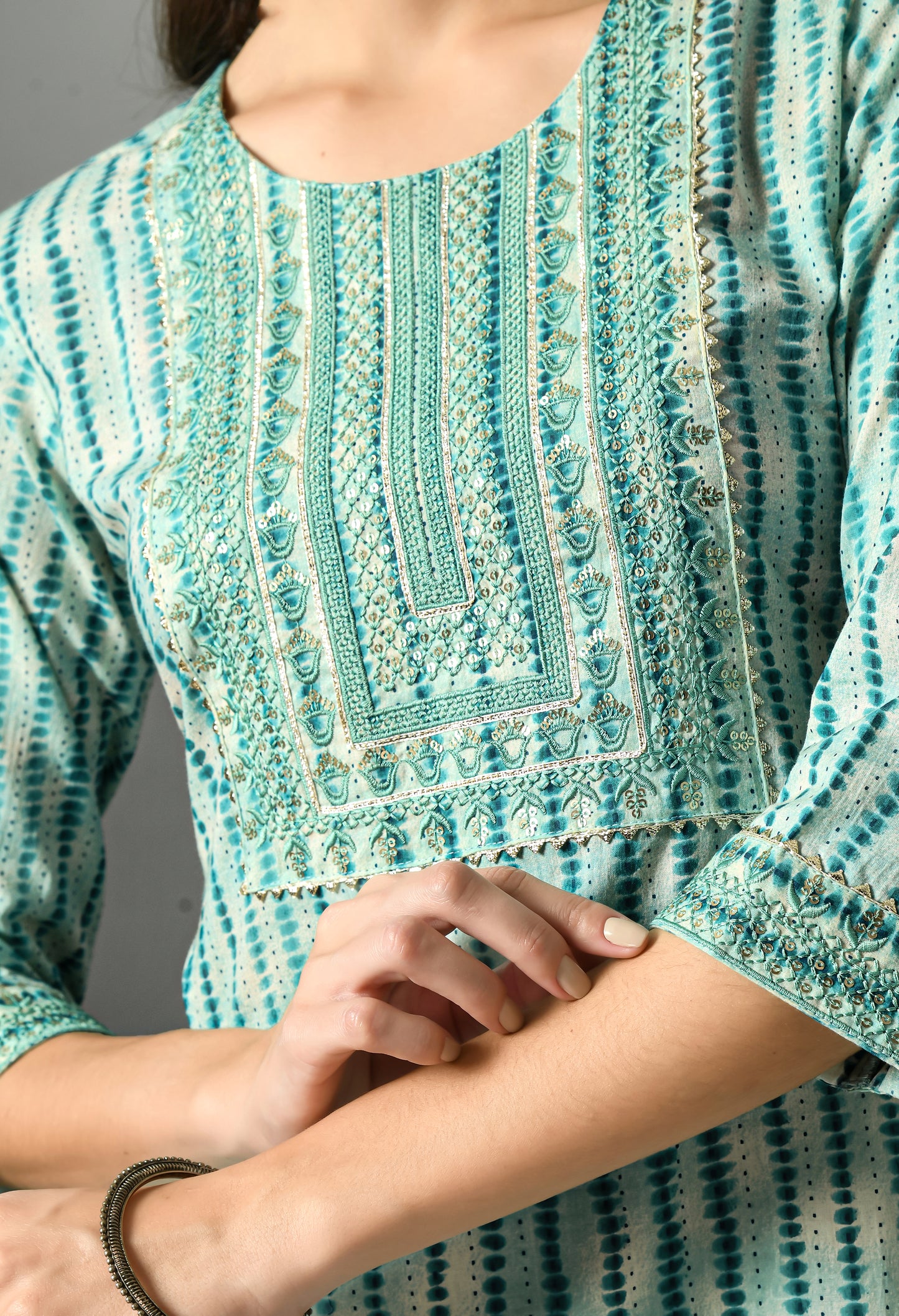 Green Striped Embroidered Sequined Yoke Design Straight Cotton Kurta With Palazzos