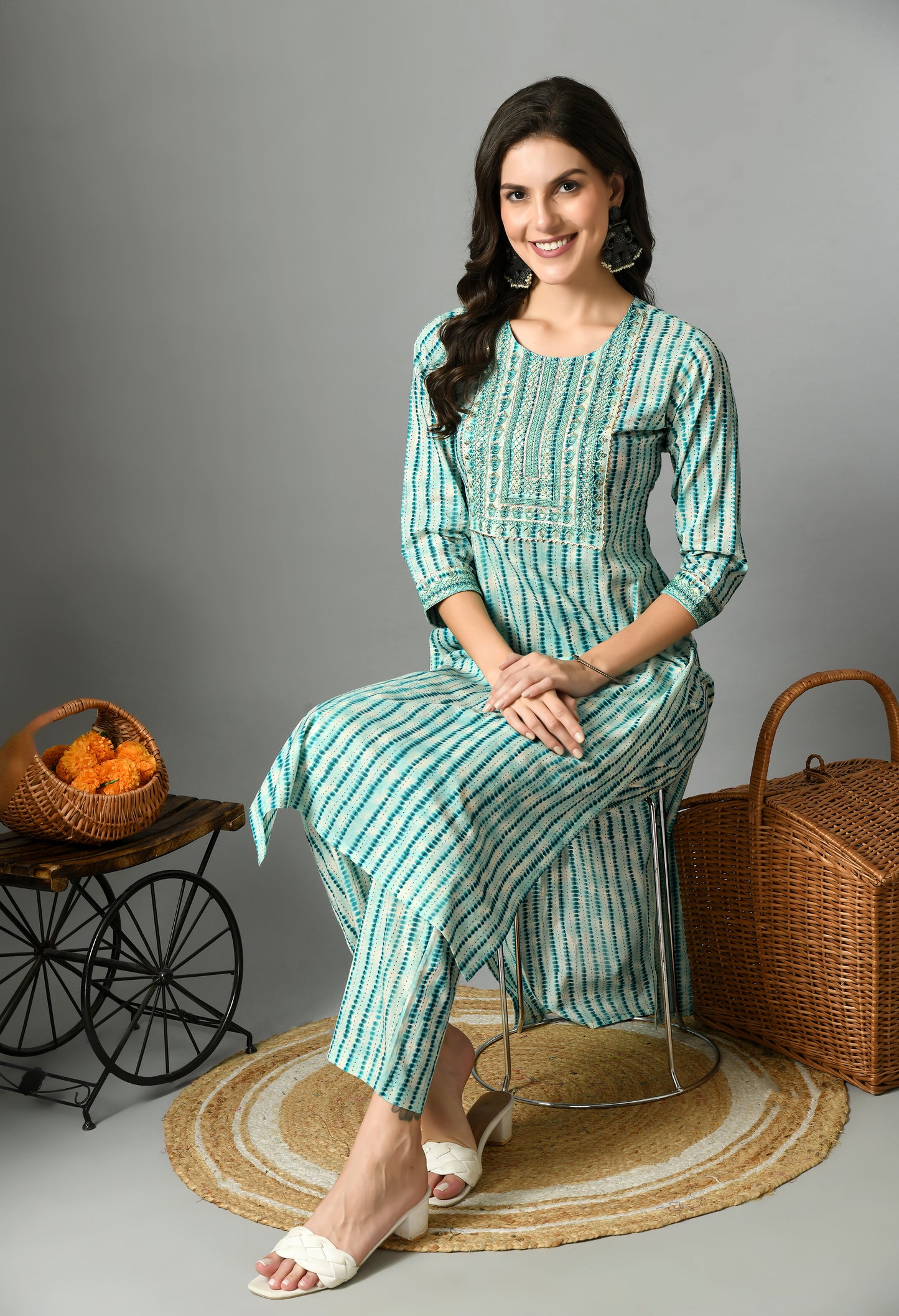 Green Striped Embroidered Sequined Yoke Design Straight Cotton Kurta With Palazzos
