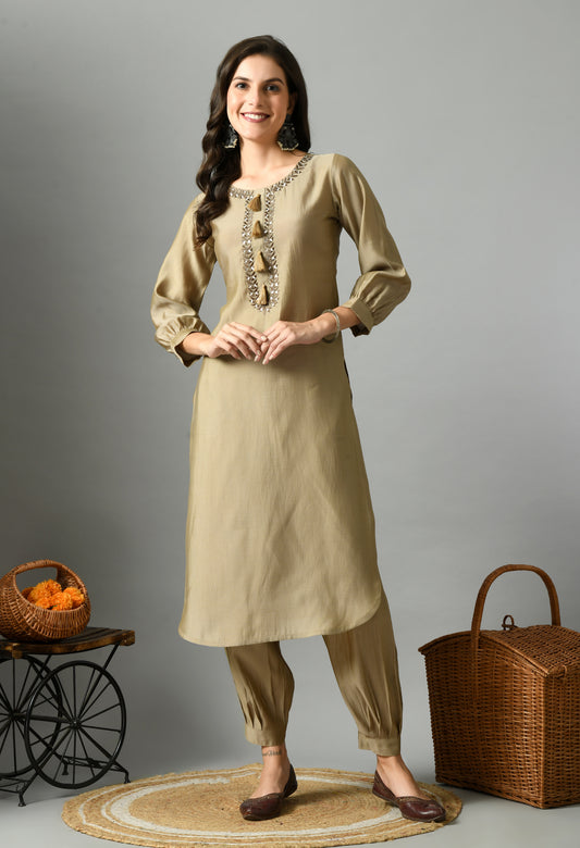 Biege Floral Yoke Design Embroidere Mirror Work Straight Kurtas With Salwar