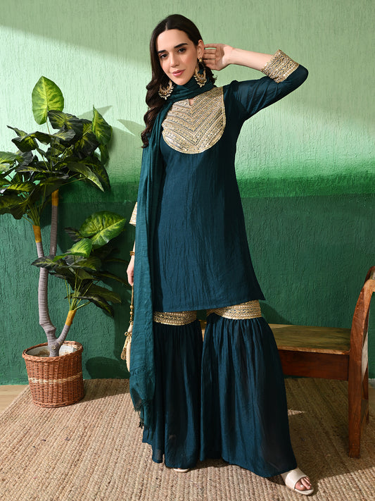 Exquisite Teal Blue Sharara Set: Vichitra Blend Silk with Intricate Gota Patti Work & Art Silk Dupatta