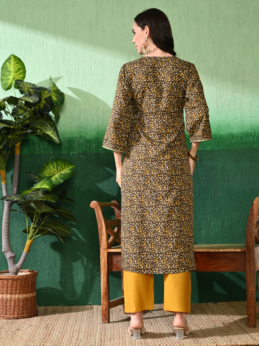 Women's Chic Brown & Yellow Floral Printed Poly Crepe Anarkali Style Kurta with Mustard Palazzo Set