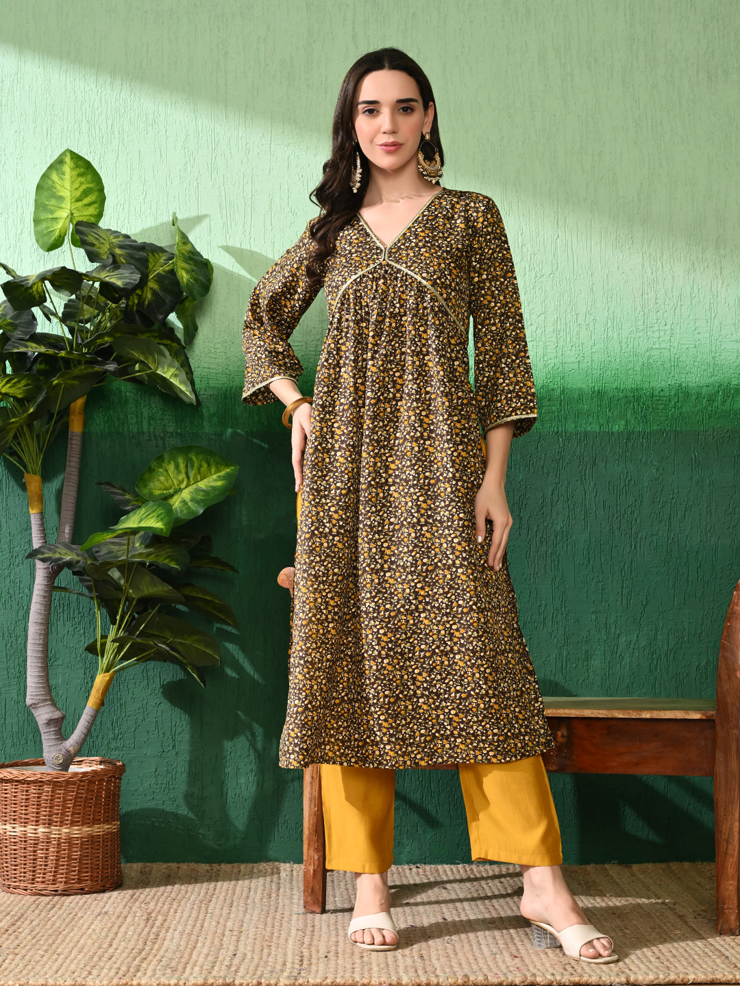 Women's Chic Brown & Yellow Floral Printed Poly Crepe Anarkali Style Kurta with Mustard Palazzo Set