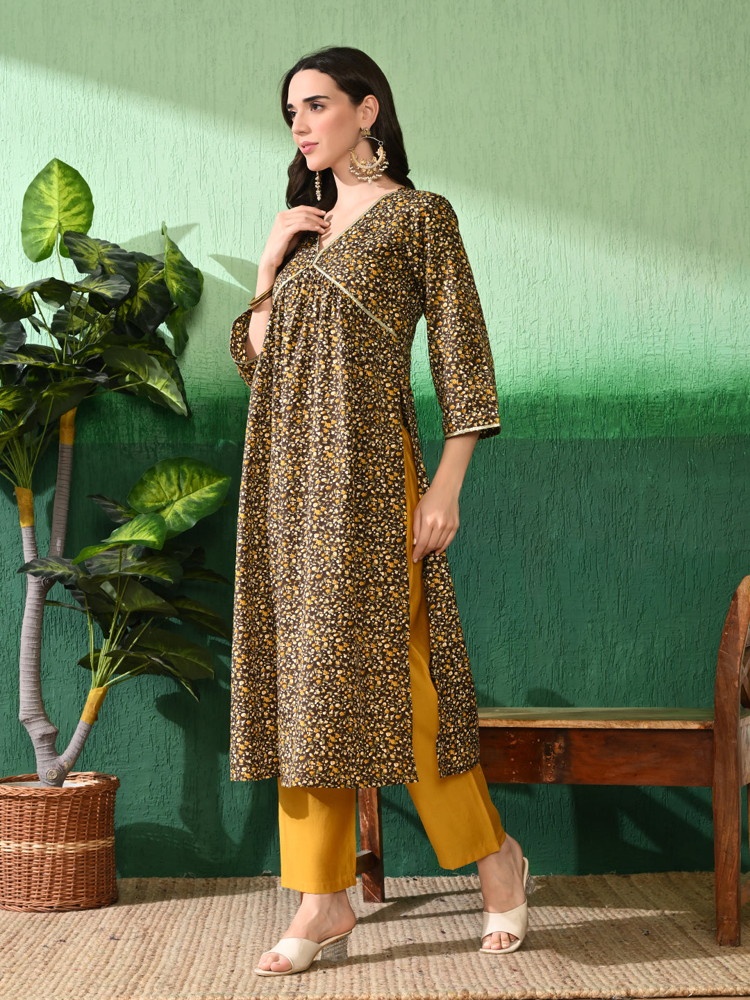 Women's Chic Brown & Yellow Floral Printed Poly Crepe Anarkali Style Kurta with Mustard Palazzo Set