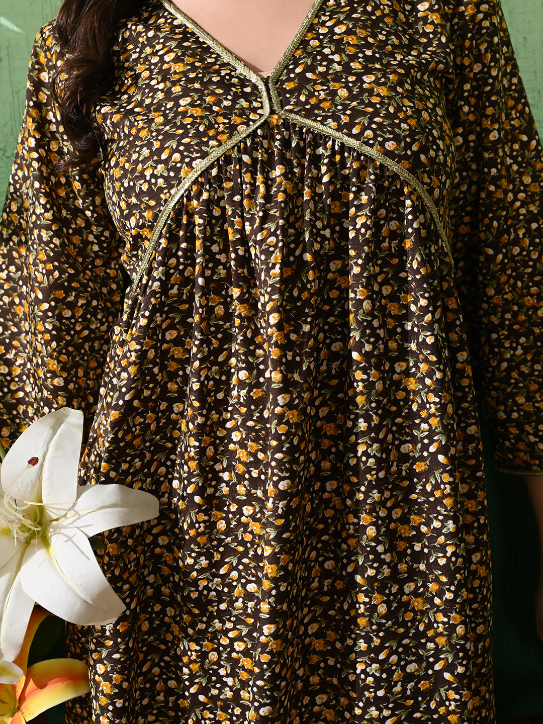 Women's Chic Brown & Yellow Floral Printed Poly Crepe Anarkali Style Kurta with Mustard Palazzo Set