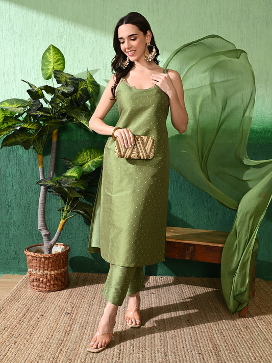Elegance Personified: Women's Olive Green Buta Dobby Blend Silk Kurta Set with Chiffon Dupatta