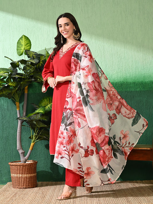 Elegant & Versatile: Women's Red Cotton Flex Kurta Set with Floral Kota Check Dupatta
