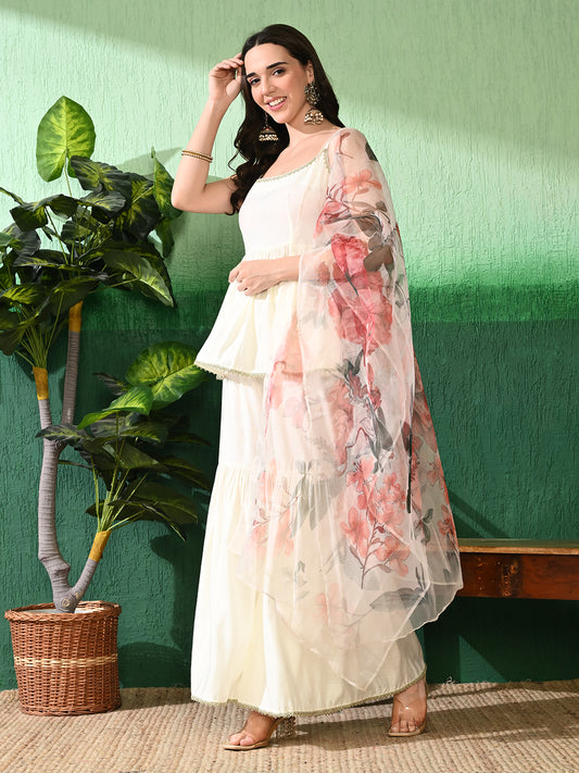 A-Line Kurti With Sharara & Printed Dupatta