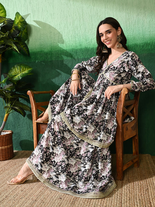 Floral Printed Empire V-Neck A-Line Kurta With Sharara