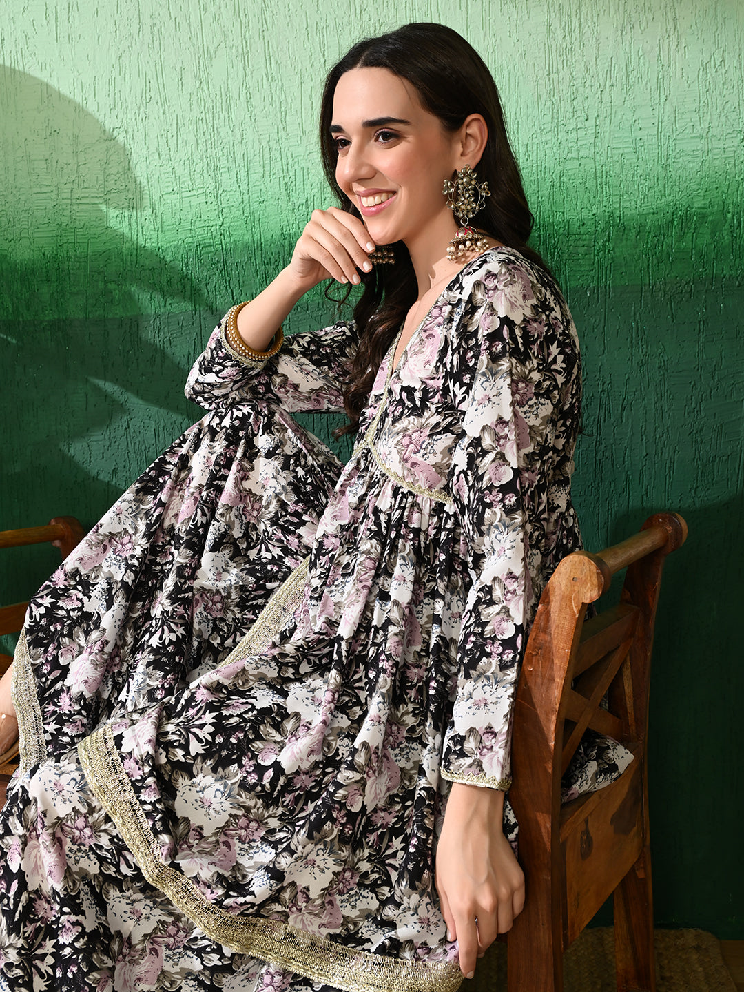 Floral Printed Empire V-Neck A-Line Kurta With Sharara