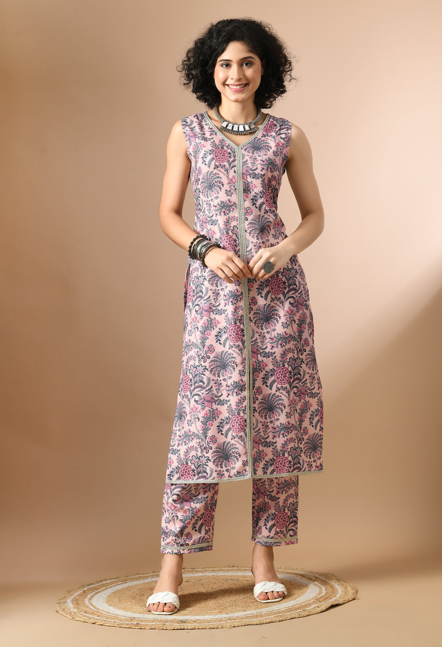 Floral Printed V-Neck Sleeveless Straight Kurta With Trouser