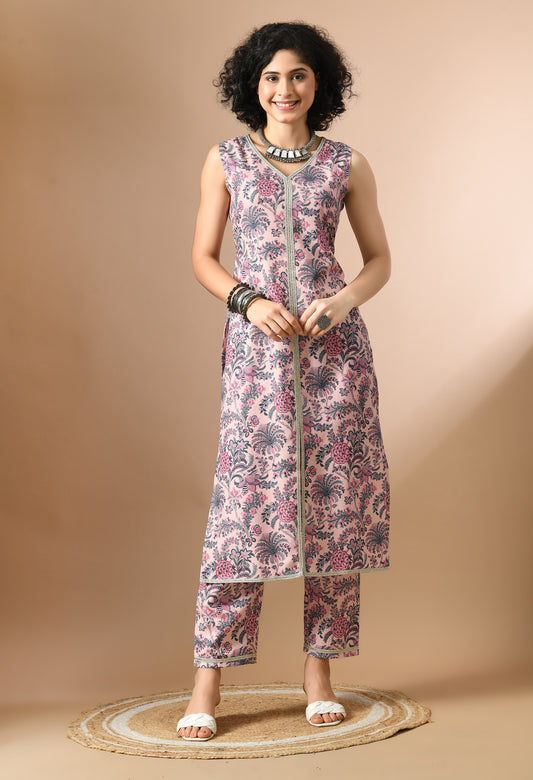 Floral Printed V-Neck Sleeveless Straight Kurta With Trouser