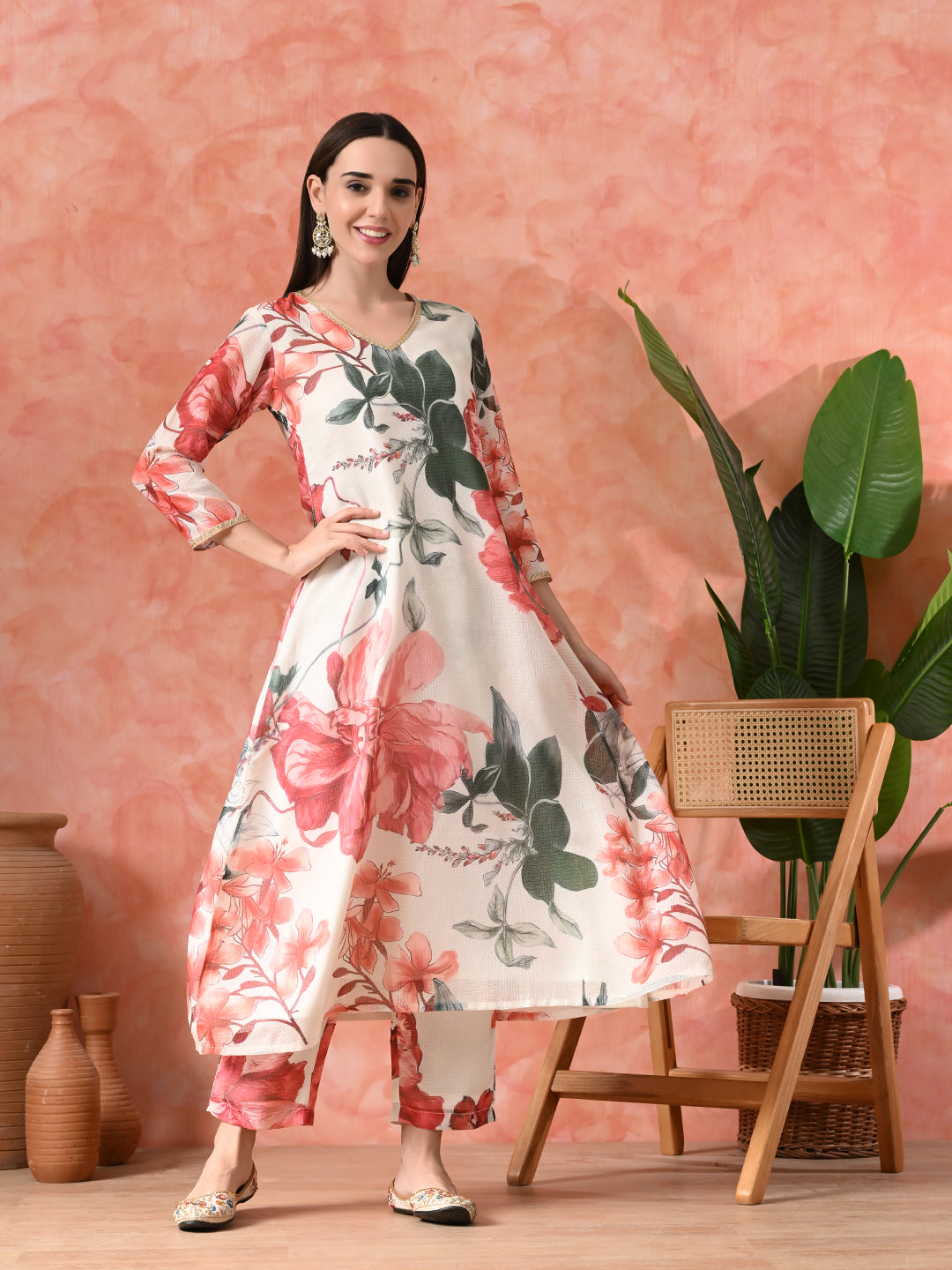 Elegant Floral Print Kota Check Kurta Set for Women | Festive Ethnic Wear