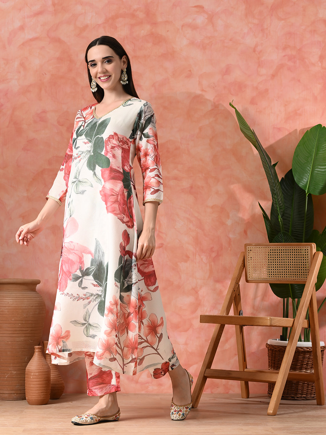 Elegant Floral Print Kota Check Kurta Set for Women | Festive Ethnic Wear