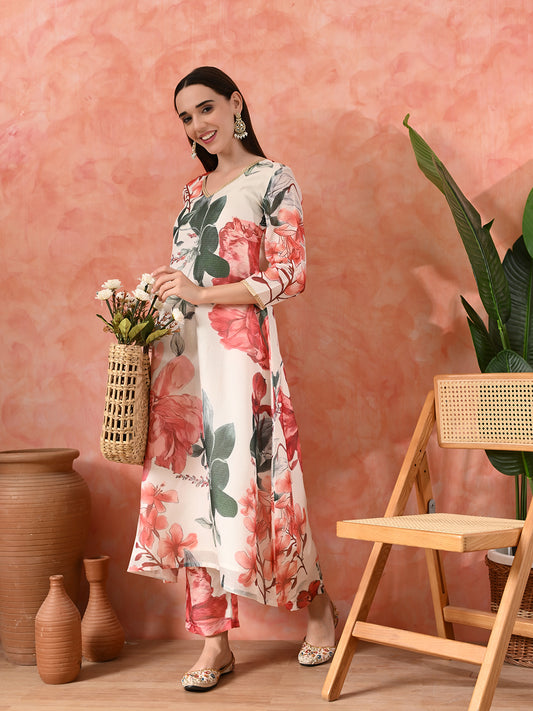Elegant Floral Print Kota Check Kurta Set for Women | Festive Ethnic Wear