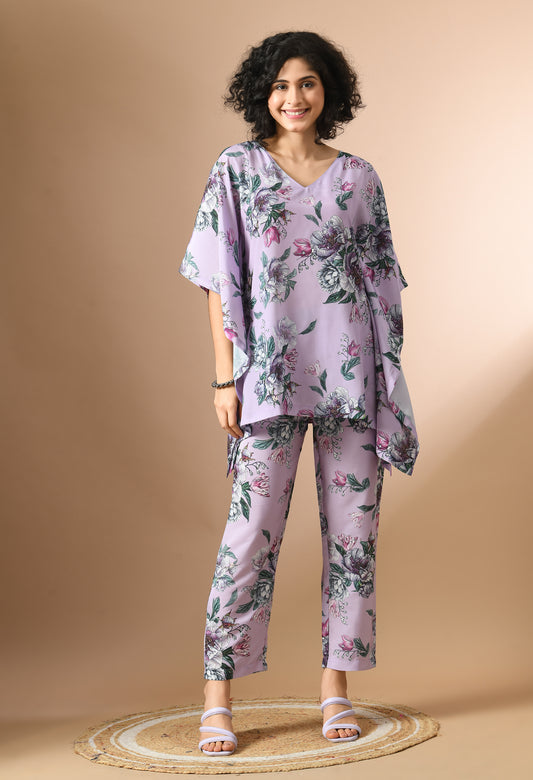 Purple and Green Floral Printed Kaftan Top With Trousers Co-Ords