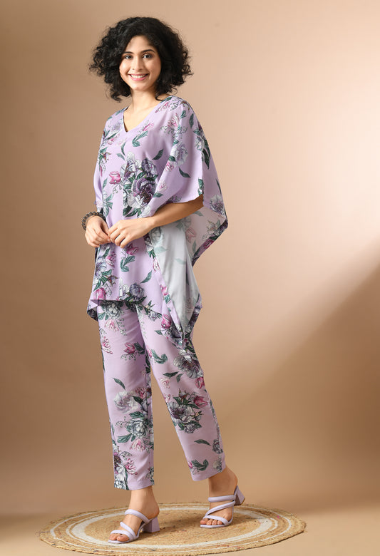 Purple and Green Floral Printed Kaftan Top With Trousers Co-Ords