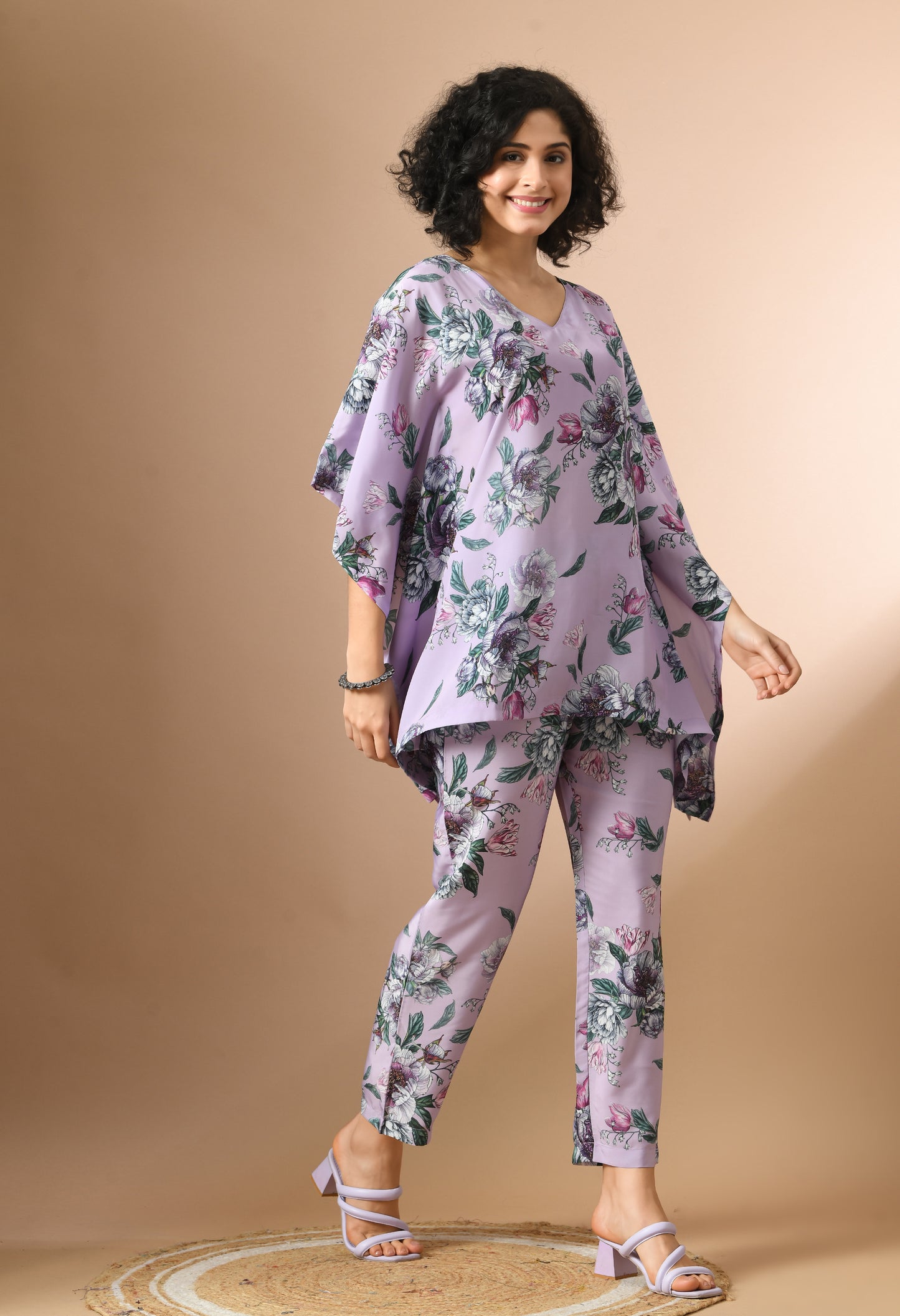Purple and Green Floral Printed Kaftan Top With Trousers Co-Ords