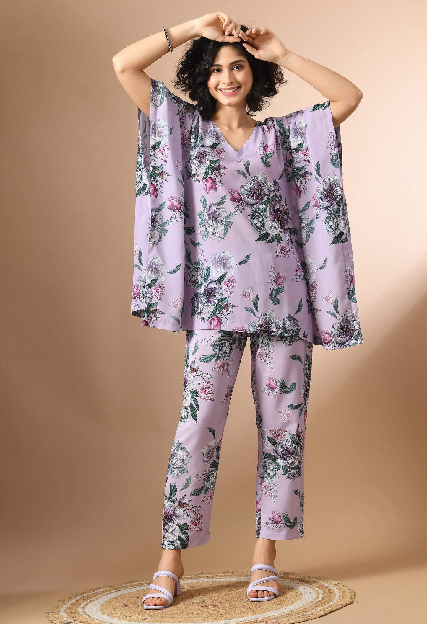 Purple and Green Floral Printed Kaftan Top With Trousers Co-Ords