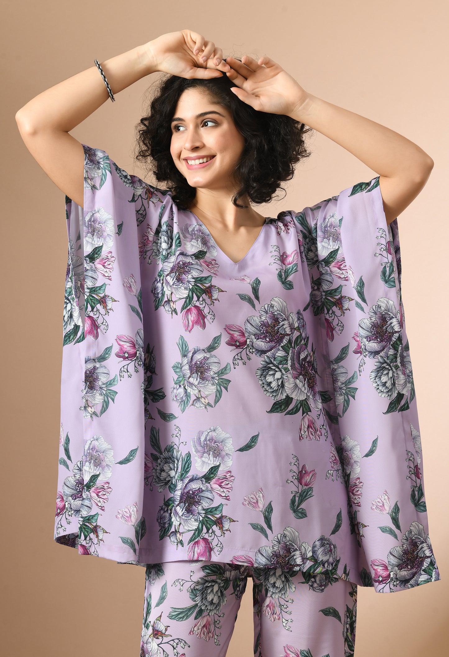 Purple and Green Floral Printed Kaftan Top With Trousers Co-Ords