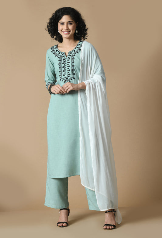 Floral Yoke Design Regular Thread Work Kurta & Trousers With Dupatta