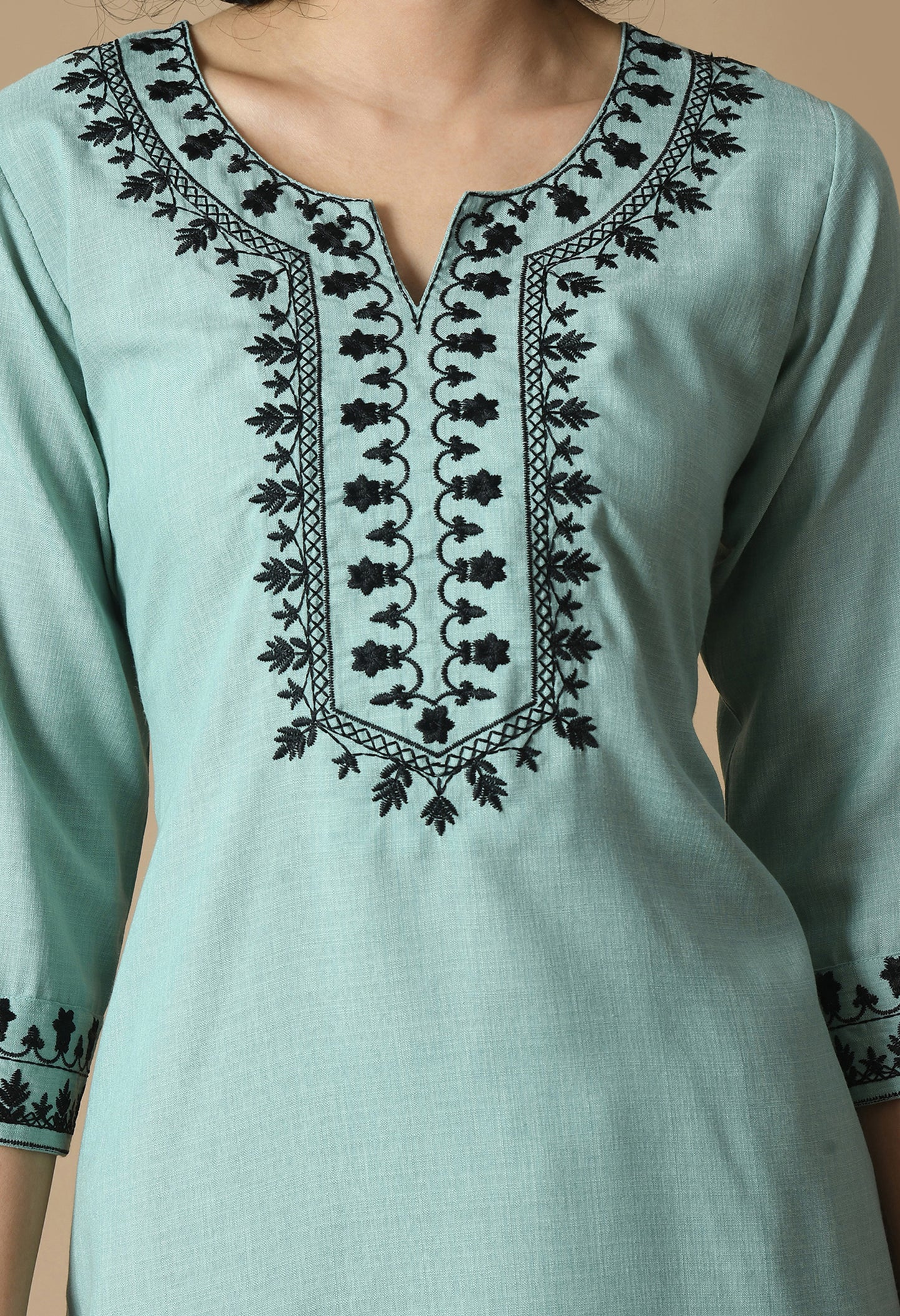Floral Yoke Design Regular Thread Work Kurta & Trousers With Dupatta