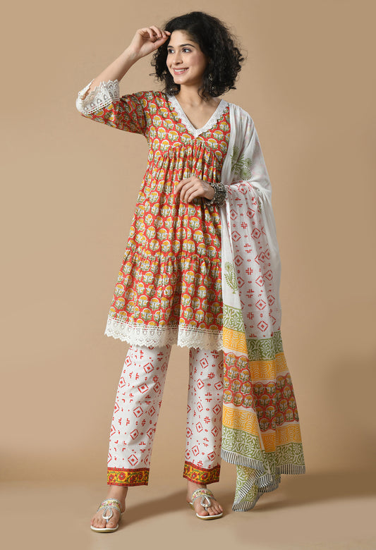 Floral Printed V-Neck Empire Pure Cotton Anarkali Kurta With Trousers & Dupatta