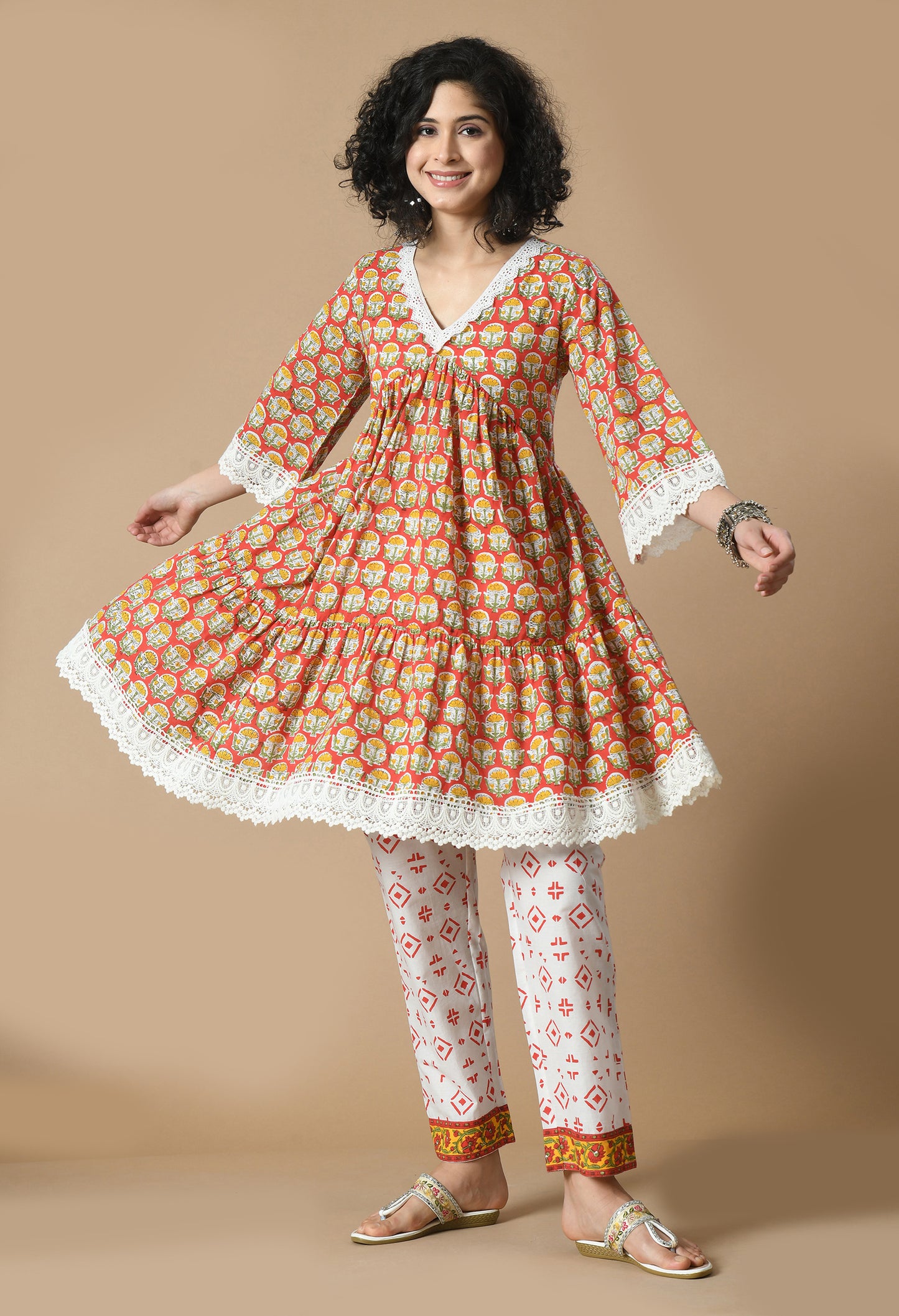 Floral Printed V-Neck Empire Pure Cotton Anarkali Kurta With Trousers & Dupatta