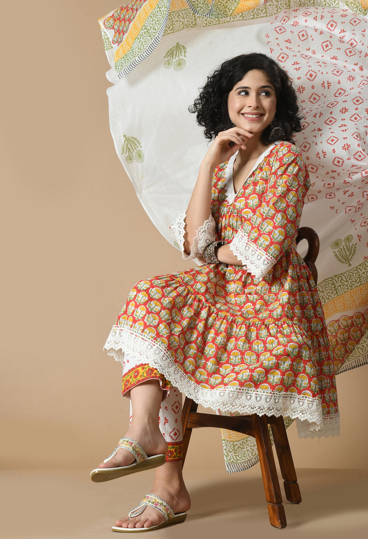 Floral Printed V-Neck Empire Pure Cotton Anarkali Kurta With Trousers & Dupatta